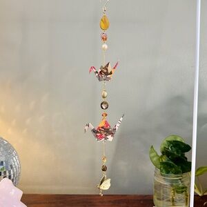 Origami Ornament #2407 - Double Crane with Enamel Butterfly Pendant